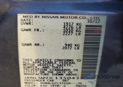 2018 Nissan Altima 2.5 z USA, uszkodzony, nr VIN 1N4AL3AP2JC135043